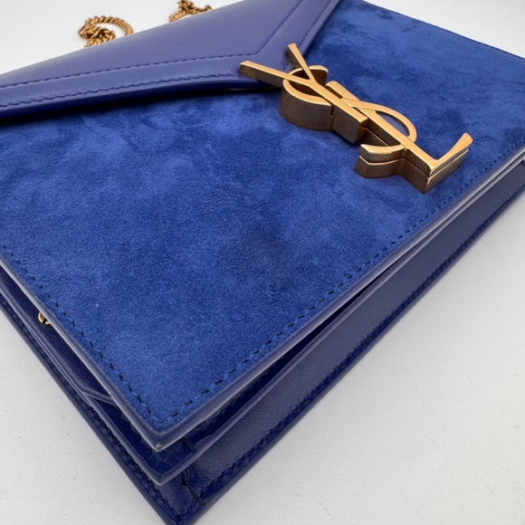 SAINT LAURENT Snooth Calfskin Suede Monogram Cassandra Clasp Bag Bleu Saphr - Picture 7 of 13